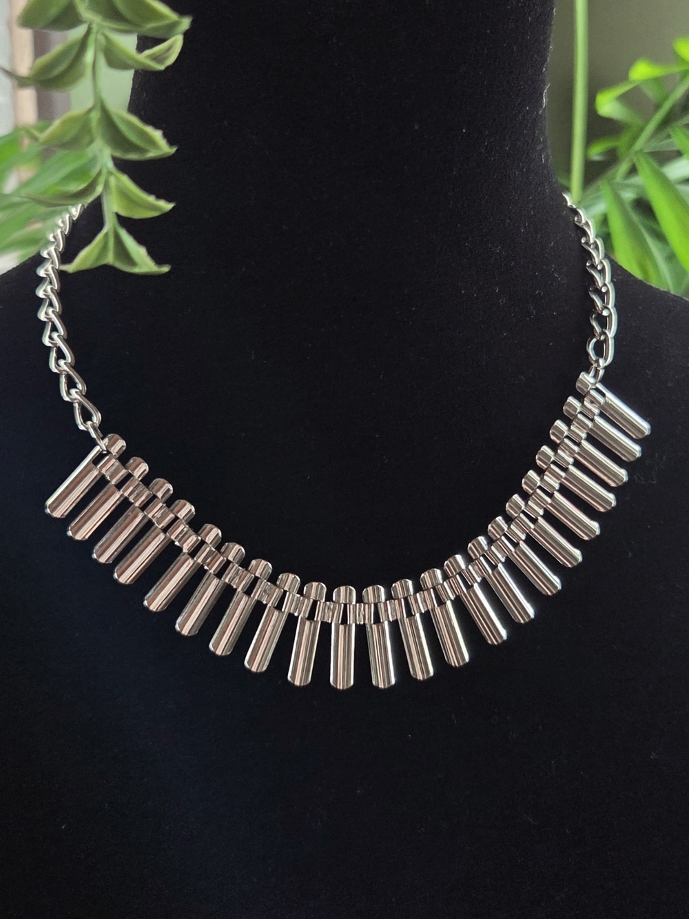 Guess Silver Necklace Bib Spike Fringe Adjustable 18"